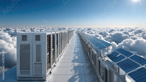 Data Center in the Sky: A futuristic data center with rows of servers and solar panels stretches across a path suspended among the clouds.