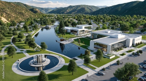 Modern Corporate Campus with Water Feature