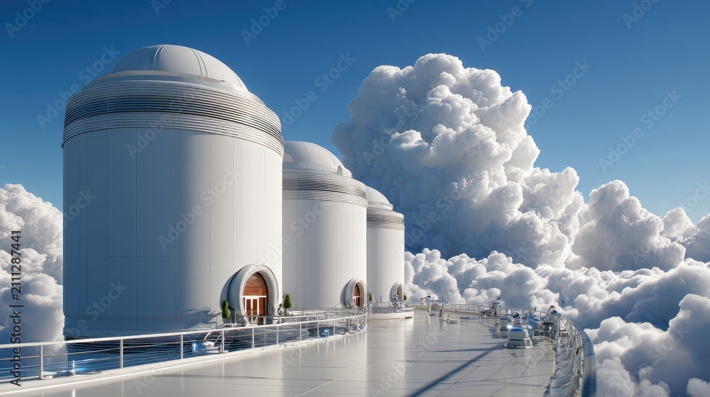 Fototapeta premium Future Cityscape: Futuristic white domed structures perch atop fluffy clouds, symbolizing innovation and progress in a utopian sky city.