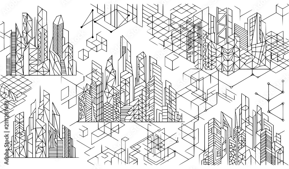 Fototapeta premium Futuristic Geometric Architecture Line Art Vector Background with Abstract Buildings and Digital Construction Elements