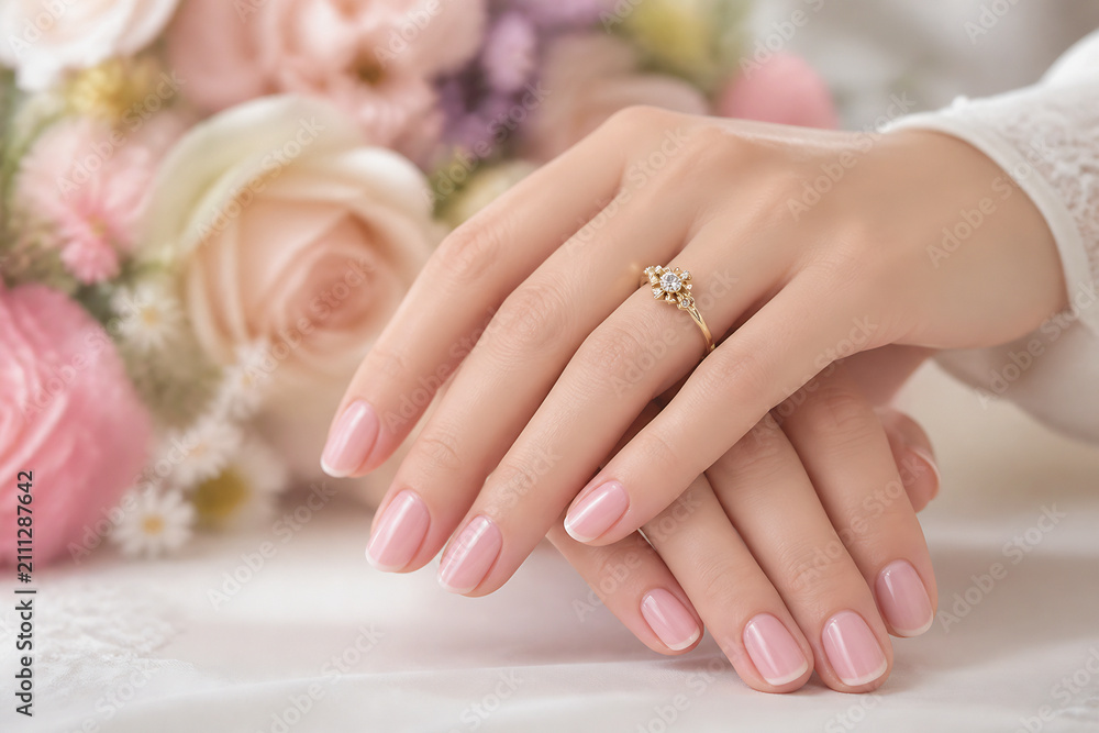 Fototapeta premium A close-up of a person's hands wearing an engagement ring, set against a soft background of light pink and white flowers.