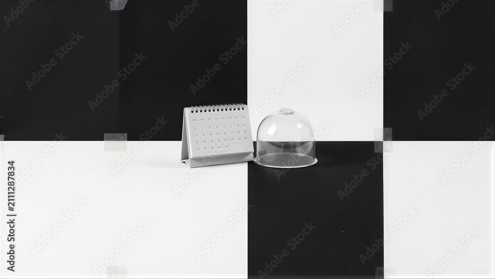 Obraz premium Minimalist scene: calendar and glass dome on black-white checkered background.