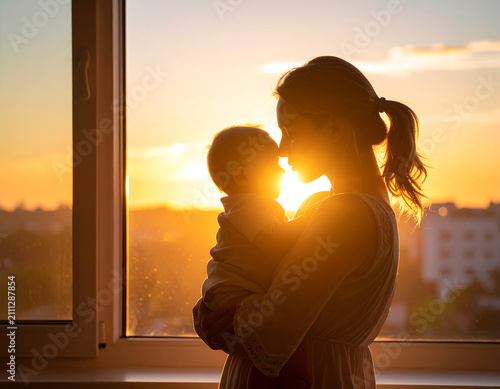 Beautiful silhouette of mother holding baby during sunset, celebrating world breastfeeding week