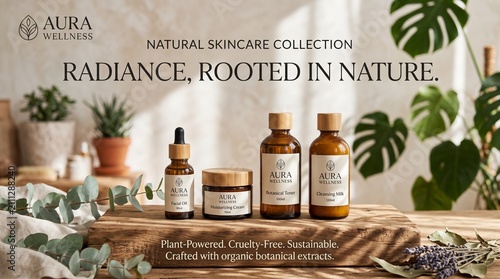 Natural skincare collection with essential oils and botanicals. Organic beauty products arranged on rustic wooden table for wellness branding.