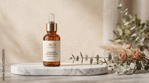 Natural skincare serum bottle with dropper on marble tray. Organic beauty product for anti-aging and hydration displayed elegantly.