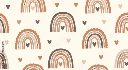 Bohemian style seamless pattern showing stylized rainbows and hearts in earthy brown and beige tones for baby nursery decor.