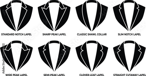 Fotografie Suit Lapel Types Vector Silhouette Icons Set Including Notch Peak Shawl Collar A