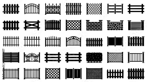 Decorative Fence Monochrome Icons Set with Wooden Metal Garden and Security Fence Vector Collection