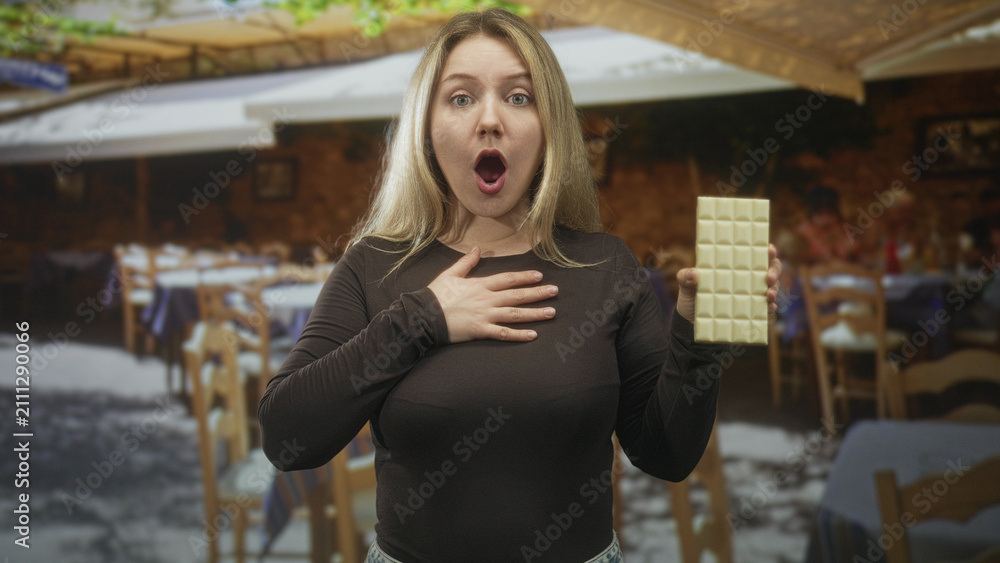 Fototapeta premium Blonde woman holding white chocolate bar, mouth open with hand to chest in a street dining area with wooden tables and umbrellas; surprise indulgence.