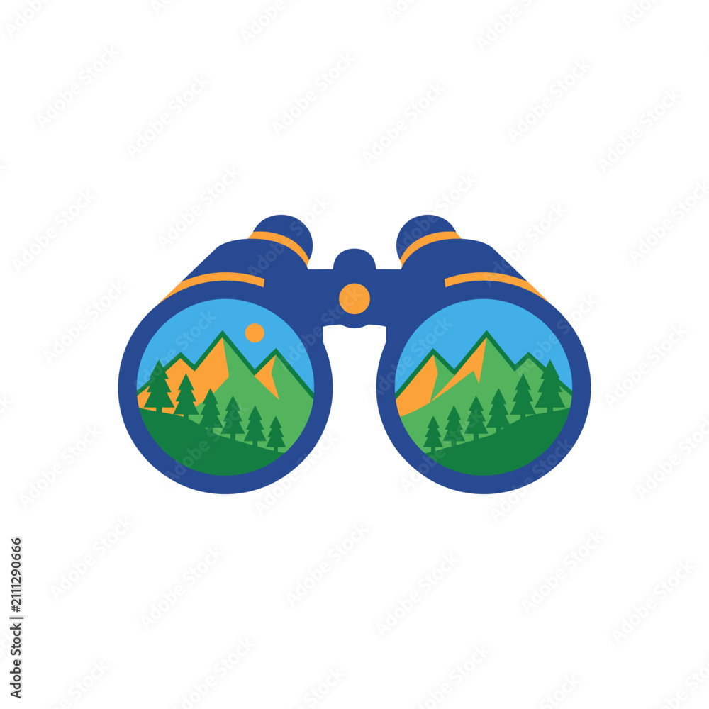 Fototapeta premium Binoculars reflecting a mountain scenery for travel and adventure