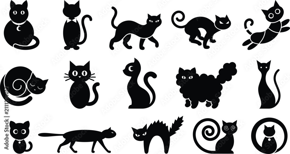 Obraz premium Set of various black cat silhouettes in different poses for halloween design elements and creative graphic projects