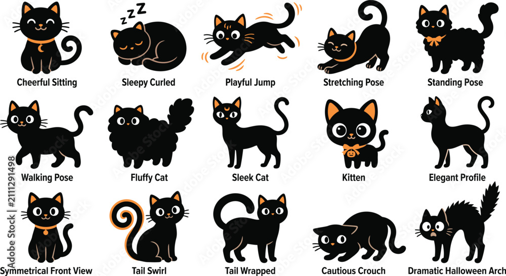 Obraz premium Set of cute hand drawn black cat illustrations in various poses and expressions isolated on a white background