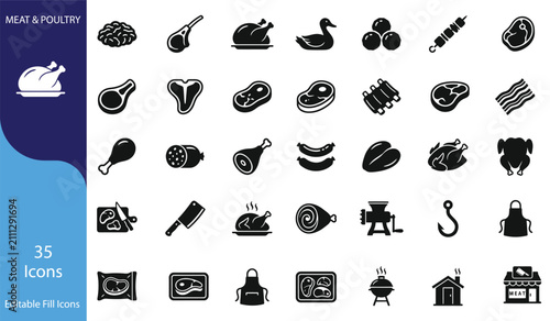 Set of 35 meat and butcher shop food icons for steakhouse and culinary design with restaurant