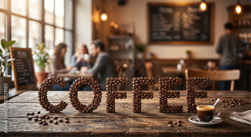 Coffee Beans Forming the Word COFFEE on Rustic Wooden Table | Fresh Roasted Coffee Concept