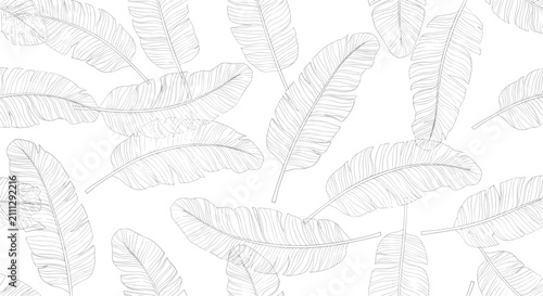 Minimalist seamless pattern with grey line art banana leaves for modern interior wallpaper and textile design.
