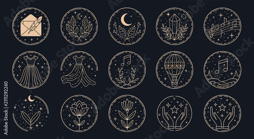 Mystical celestial icons set with magic moon stars flowers and hands in elegant golden line art on dark background.