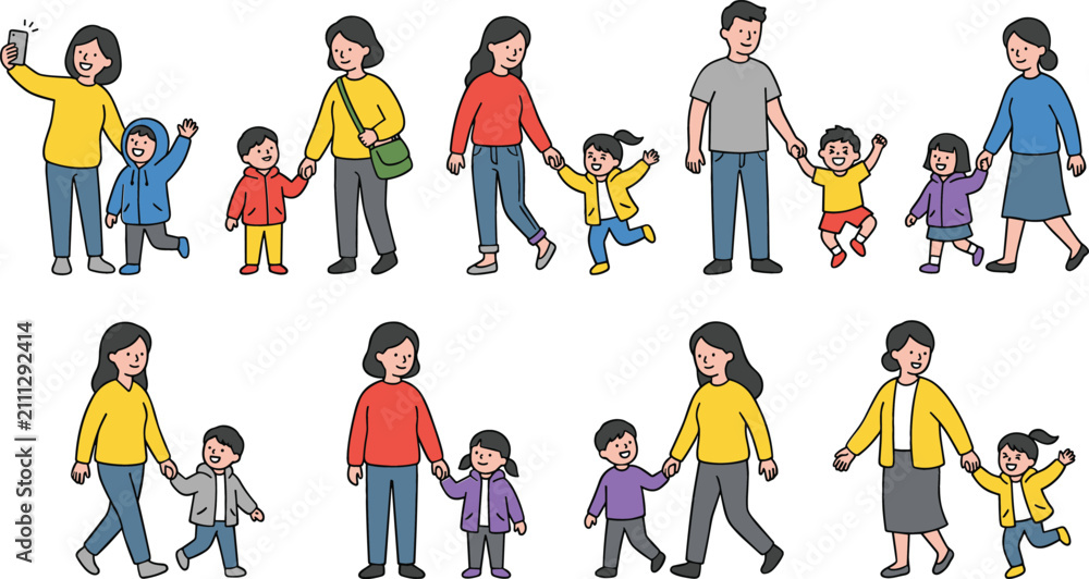 Fototapeta premium Vector flat illustration set of happy parents walking outdoors with their children isolated on a white background