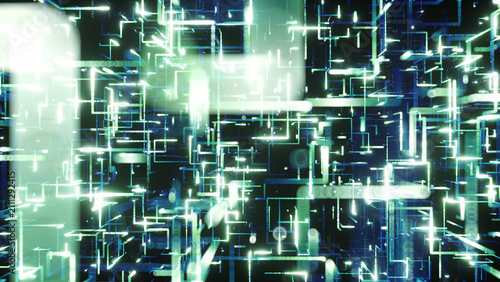 This shows a digital network with lines and shapes forming a web. The design illustrates connections and data flows