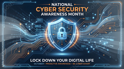 Cyber security awareness month shield with circuitry isolated on a transparent background