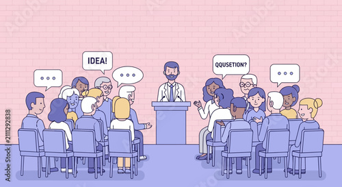 A group of diverse citizens sit together in a room to share ideas and ask many questions