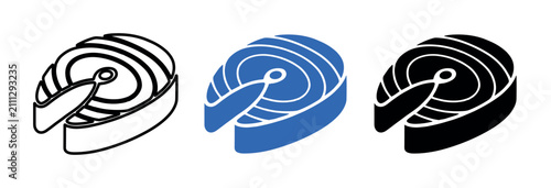 Three graphic salmon fish steak icons in outline, blue filled, and solid black styles on a clean white background