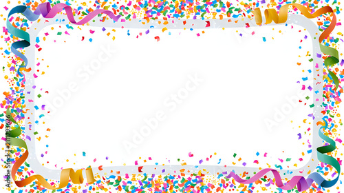 Festive celebration frame with colorful confetti and ribbons isolated on white background