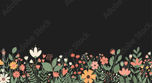 Vibrant horizontal border of hand drawn colorful wildflowers and green plants growing along the bottom edge of a solid dark background.