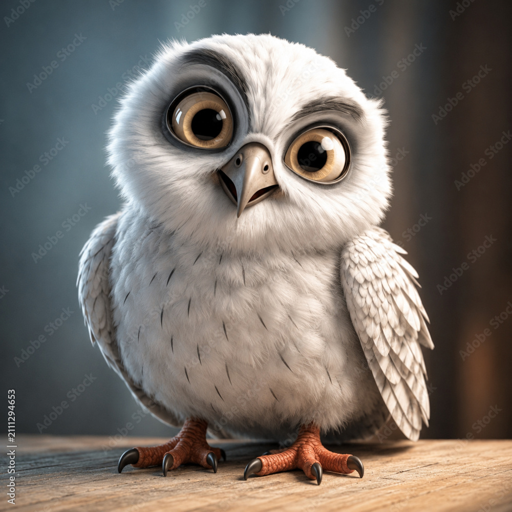 Fototapeta premium Cute baby owl on wooden surface