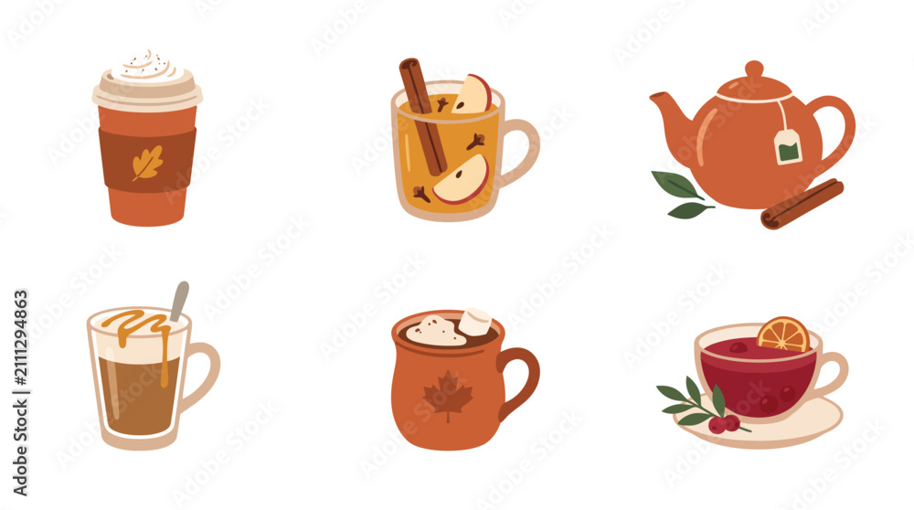 Fototapeta premium Flat vector icons of autumn drinks including spiced cider, maple cocoa, and citrus berry tea.