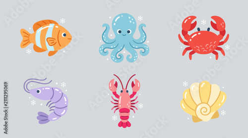 Photography Various seafood and ocean creatures collection