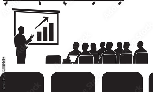 Presentation featuring a speaker showing a rising bar chart to an audience in a hall