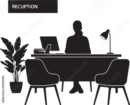 Reception desk with a person sitting behind it and chairs on a white background