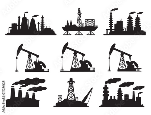 Fotografie Industry icons depict various manufacturing facilities and oil extraction equipment