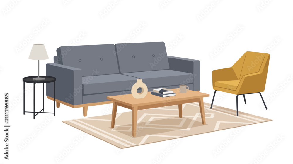 Fototapeta premium Minimalist living room furniture set with gray sofa and yellow chair