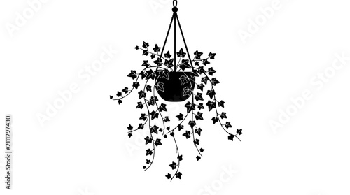 Принти на полотні Black silhouette of a hanging potted ivy plant with trailing vines and leaves on a white background