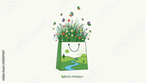 Paper bag with eco friendly landscape design and beautiful flowers with butterflies bursting out of it.