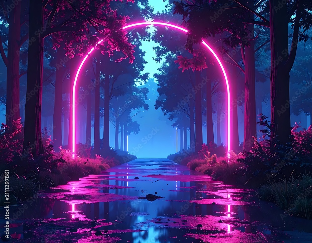 Fototapeta premium Neon forest archway with water reflection.