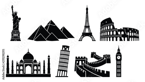 Konstfotografi Monuments illustrated in black silhouettes depict world heritage sites arranged as a decorative graphic element suitable for travel and tourism marketing projects