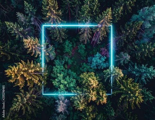Neon frame in forest aerial view.