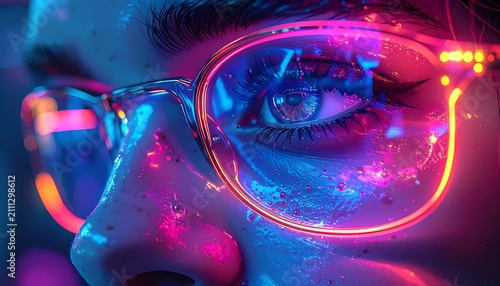 Neon Glasses Woman Closeup Portrait.