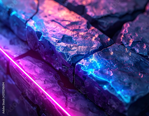 Neon glowing cyberpunk stone wall background.