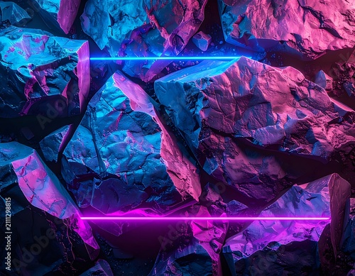 Neon Glowing Rock Formations Background.