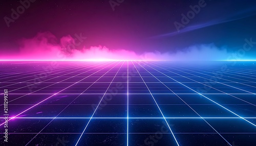 Neon Grid Background with Light Beam.