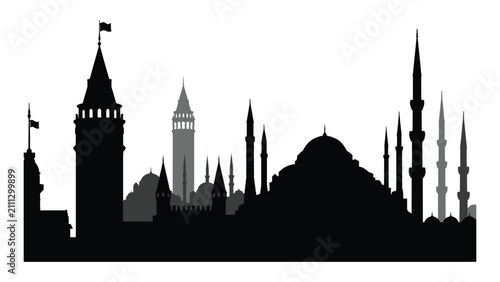 Istanbul skyline features iconic historical towers and mosque silhouettes against a clean white background.