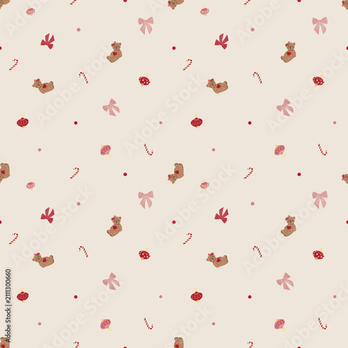 Cuadro en lienzo Children's Christmas pattern with teddy bears candy canes and bows on a cream ba