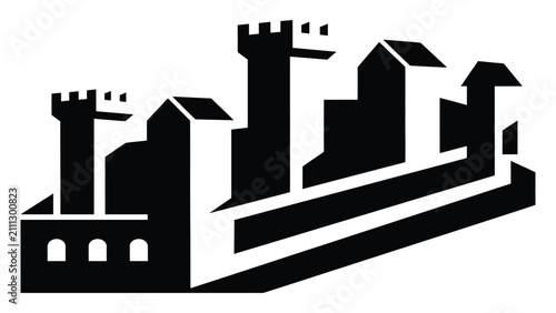 Obraz na płótnie Castle illustration depicts a medieval fortification with high towers and battlements in a bold graphic style