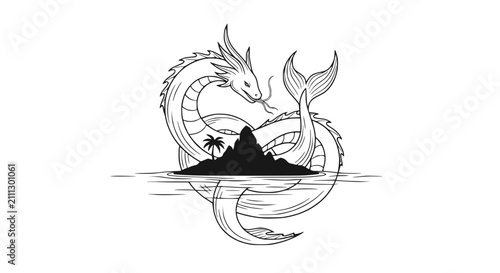 Photos Majestic Mythical Sea Dragon Coiled Around a Tropical Island Silhouette Line Art