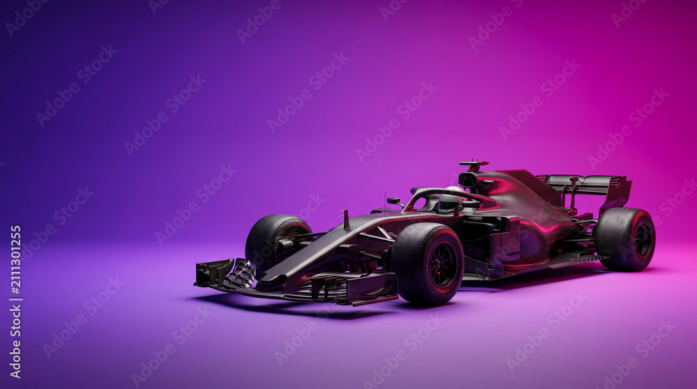 Obraz premium Futuristic dark formula one race car on vibrant purple and pink gradient background