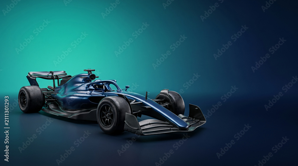 Fototapeta premium Sleek futuristic Formula 1 race car in aerodynamic pose on dark reflective surface