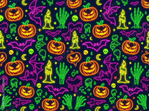 Neon halloween seamless pattern with glowing pumpkins bats skeleton hands and candles on dark background
